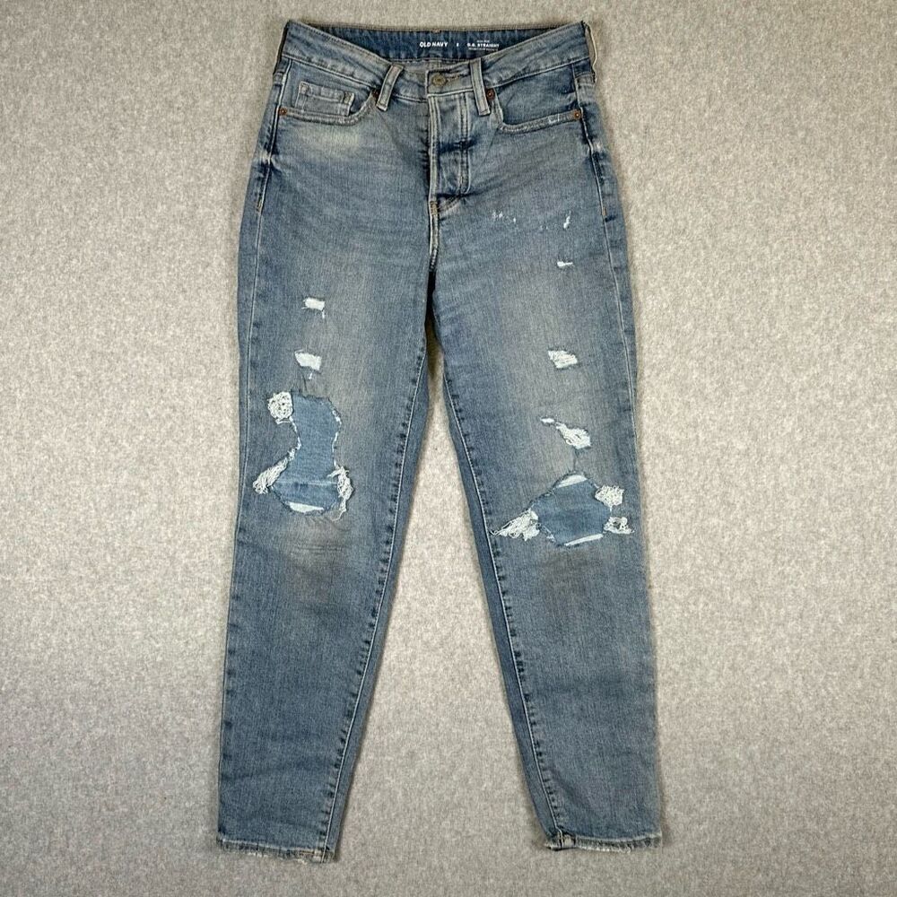 Old Navy Womens Size 2 High Rise O.G. Straight Leg Denim Jeans Blue Distressed